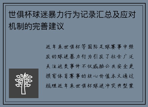 世俱杯球迷暴力行为记录汇总及应对机制的完善建议