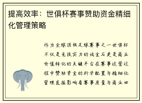 提高效率：世俱杯赛事赞助资金精细化管理策略