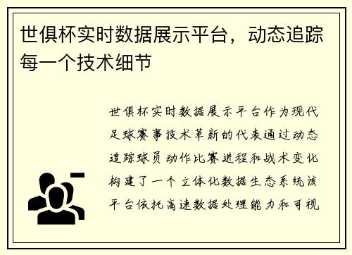 世俱杯实时数据展示平台，动态追踪每一个技术细节